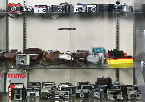 Three shelves of vintage and retro plastic cameras