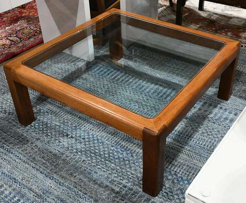 Coffee table with glass top, circa 1980, with an inset