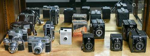 Two shelves of Bencini cameras and cases