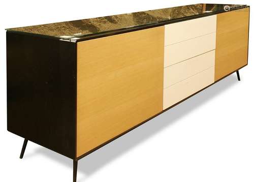 Contemporary mixed wood sideboard, having an ebonized