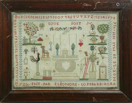 French needlepoint sampler, executed in 1839, having a