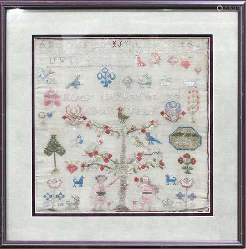 Continental embroidery sampler, 19th Century, depicting