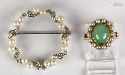 (Lot of 2) Diamond, jadeite, cultured pearl and 14k