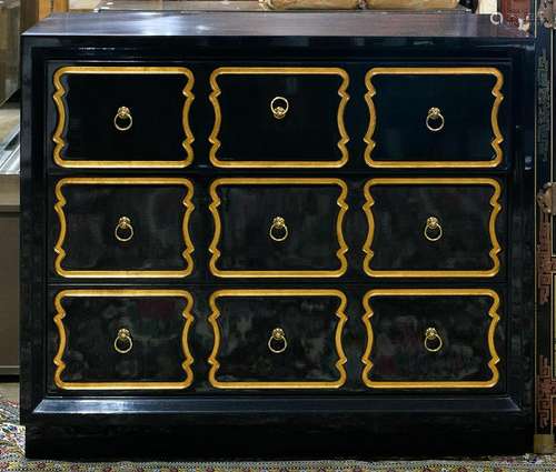 Kindel Hollywood Regency style black lacquered dresser,