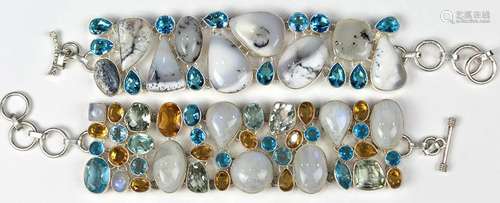 (Lot of 2) Agate, moonstone, quartz, blue topaz, silver