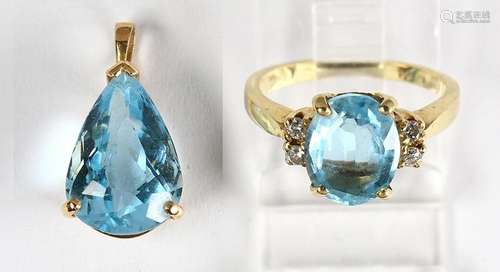 (Lot of 2) Blue topaz, diamond and yellow gold jewelry