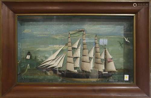 Framed ship diaroma, with flag inscribed 