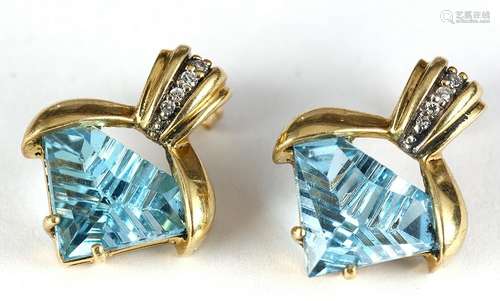 Pair of blue topaz, diamond and 14k yellow gold