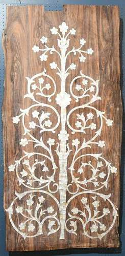 Mother of pearl inlaid live edge wood panel, decorated