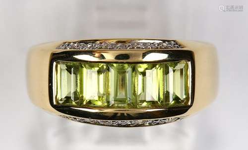 Peridot, diamond and 14k yellow gold ring