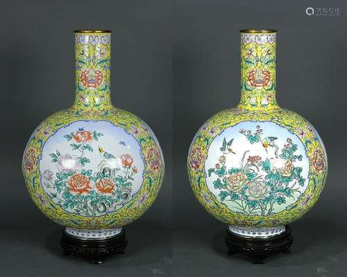 Chinese Enamel Metal Stickneck Vases