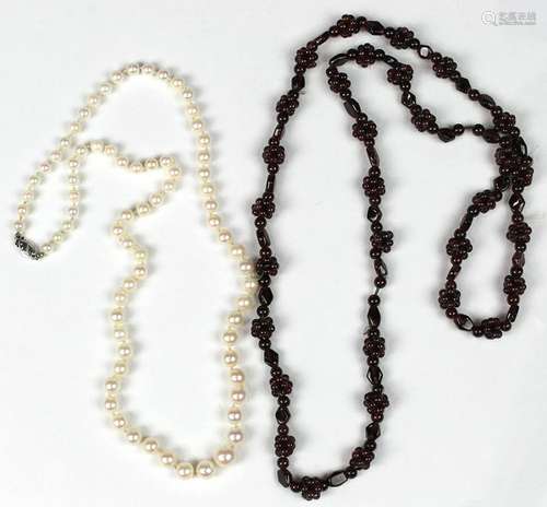 (Lot of 2) Cultured pearl, garnet bead and 10k white