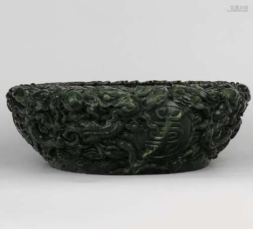 Intricately Carved Green Jade Bowl