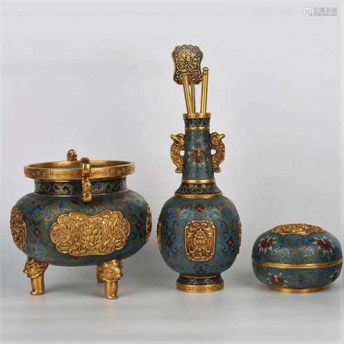 Three Piece Set Of Cloisonne Enamel And Gilt Objects