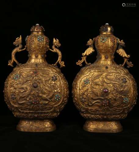 Pair Of Gilt Bronze Double Gourd Dragon Phoenix Vessels