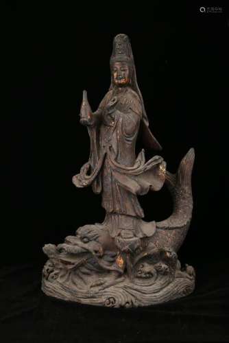 Carved Wood GuanYin Atop A Mythical Fish