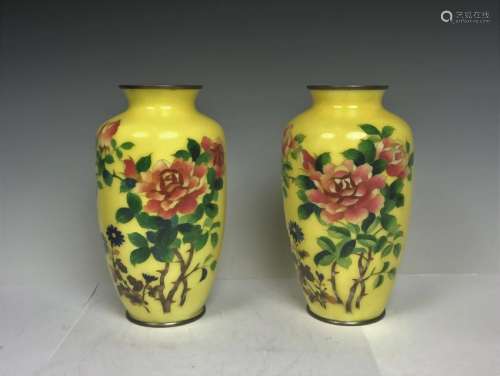 Pair Of Cloisonne Enamel Bronze  Chrysanthemum Vases