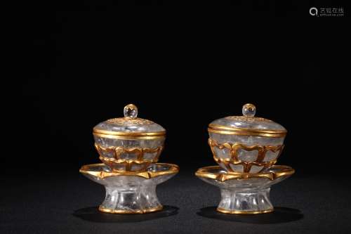 A Pair of Chinese Gilt Bronze Tea Cups with Crystal Inlaid