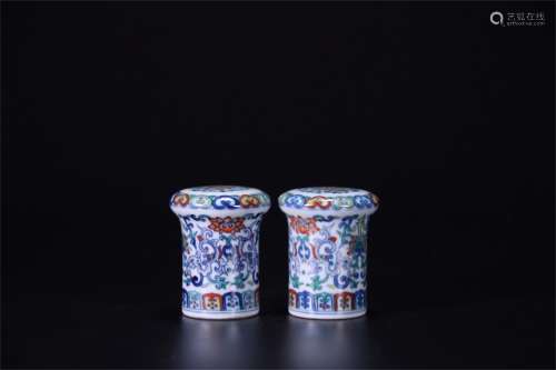 A Pair of Chinese Dou-Cai Porcelain Scroll Tops