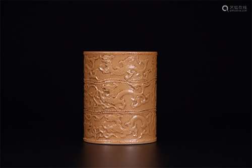 A Chinese Yellow Glazed Porcelain Brush Pot