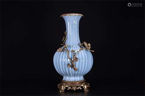 A European Gilt Bronze Inlaid Blue Glazed Porcelain Vase