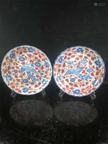 A Pair of Chinese Iron-Red Blue and White Porcelain Plate