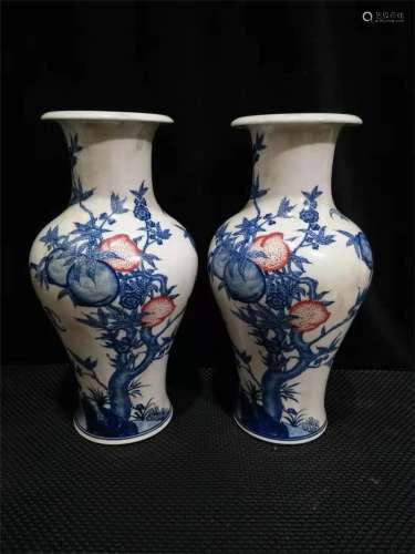 A Pair of Chinese Iron-Red Blue and White Porcelain Vases