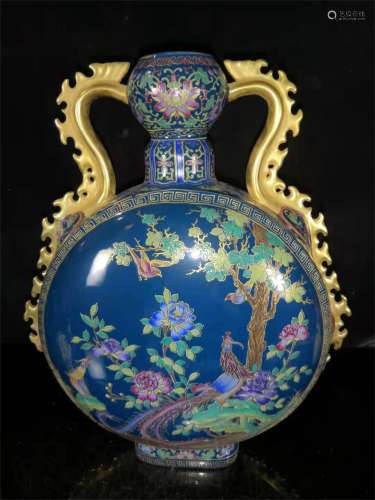 A European Gilt Bronze Inlaid Porcelain Moon Flask