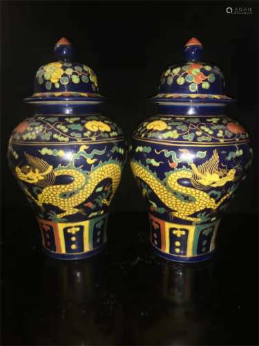 A Chinese Black Ground Porcelain Jars with Covers