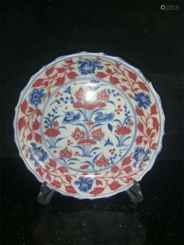 A Chinese Iron-Red Blue and White Porcelain Plate