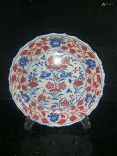 A Chinese Iron-Red Blue and White Porcelain Plate
