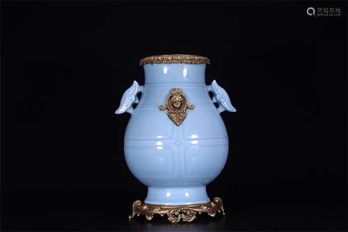 A European Gilt Bronze Inlaid Blue Glazed Porcelain Vase