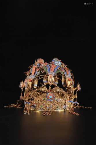 A Chinese Gilt Silver Dragon and Phoenix Hat