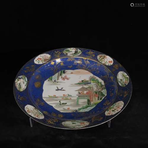 A Chinese Blue Glazed Famille-Rose Porcelain Plate