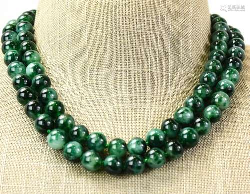 Pair Hand Knotted Green White Jade Bead Necklaces