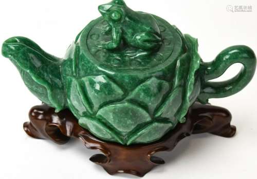 Chinese Hand Carved Jade Lotus Form Teapot
