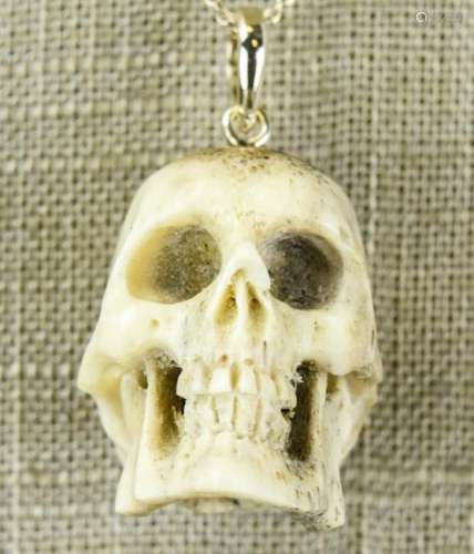 Hand Carved Bone Memento Mori Human Skull Pendant