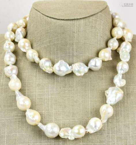 Hand Knotted Large Cultured Baroque Pearl Necklace