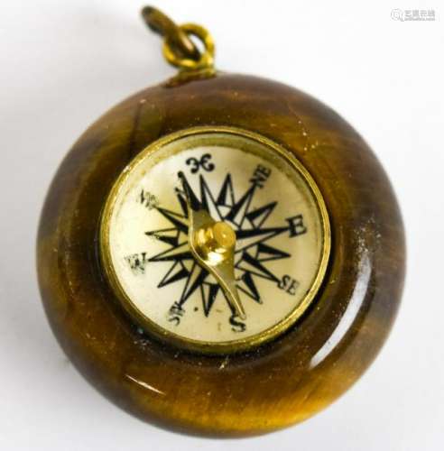 Antique Carved Tiger's Eye Compass Pendant Charm