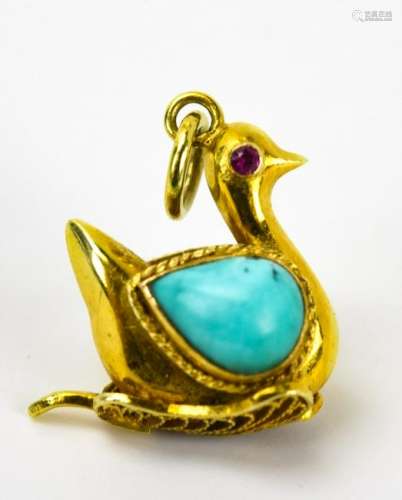 Estate Persian Yellow Gold Ruby Turquoise Pendant
