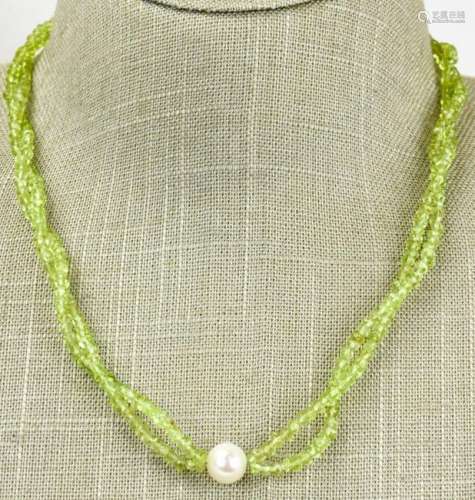 Double Strand of Faceted Peridot Beads w Pearl