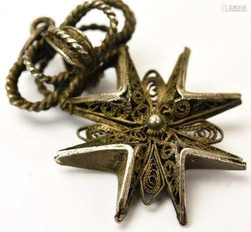 Estate Silver Filigree Iron Cross & Crown Pendant