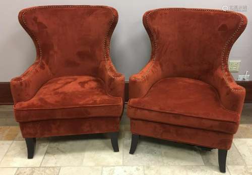Pair Contemporary Fan Back Upholstered Arm Chairs
