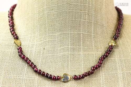 Vintage Garnet Bead Necklace w Sterling Heart Bead