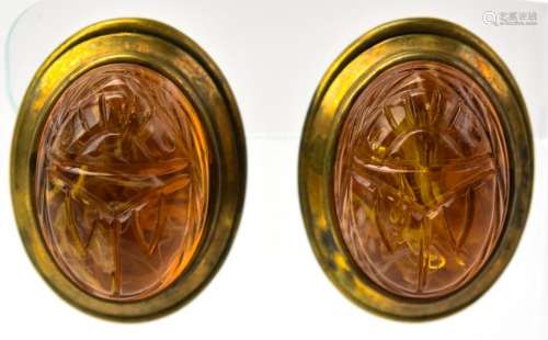 Large Vintage Faux Amber Scarab Clip on Earrings