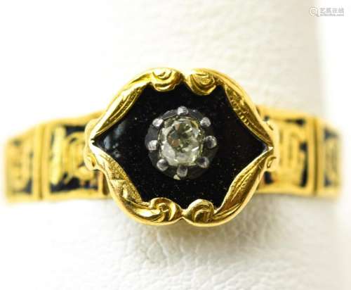 Antique 19th C 18kt Enamel & Diamond Mourning Ring