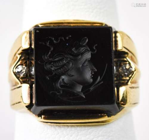 Antique 10kt Onyx Intaglio & Diamond Gent's Ring