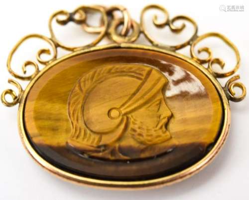 Antique 19th C Tiger's Eye Soldier Cameo Pendant