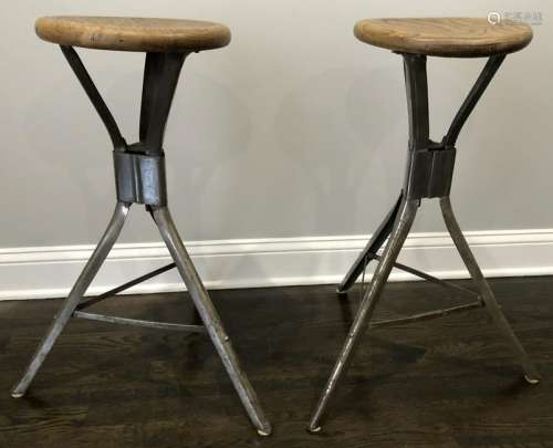 2 Contemporary Craftsman Iron + Carved Wood Stools