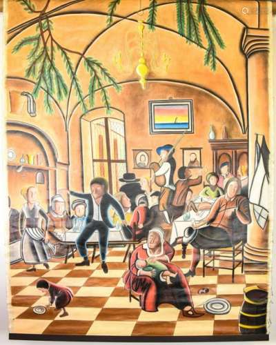 Mid Century Modern Canvas Painting of Cafe Scene
